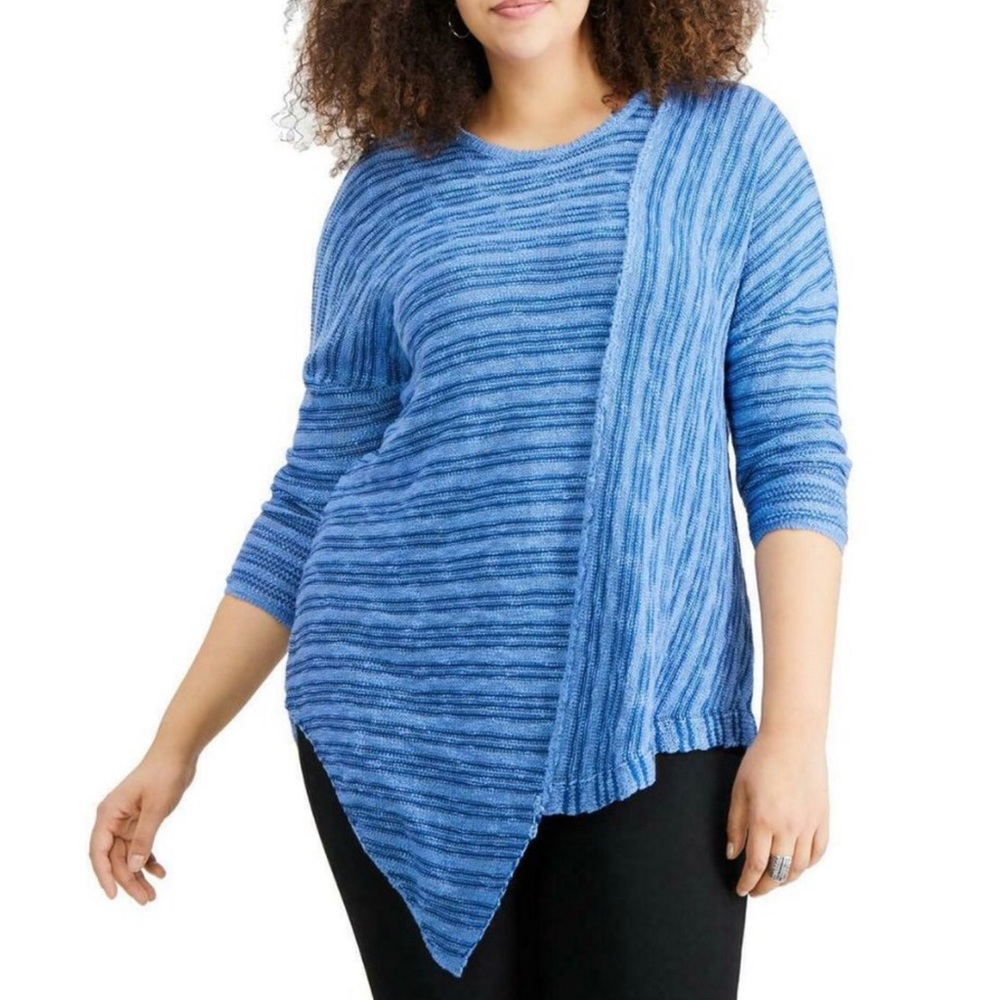NEW WITH TAGS NY Collection Plus Size 3X Blue Striped Asymmetrical Hem Top